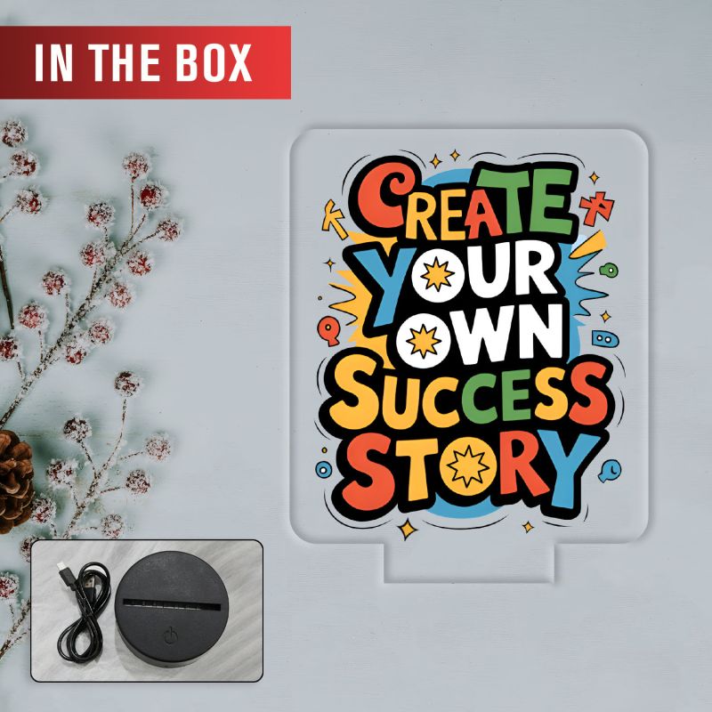 Motivational Create Your Own Success Story Quote Printed LED Desk Table Light with Automatic Color Changing Frame Inspirational Gift for Students, Friends, Men & Women